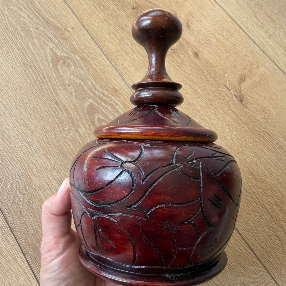 Vintage Hand Carved Wooden Jar with Lid Floral Etched Decorative Vessel Brown